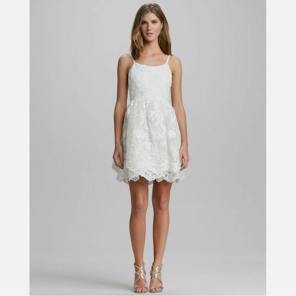 Alice + Olivia Rora Ivory Lace Overlay Bridal Mini Dress